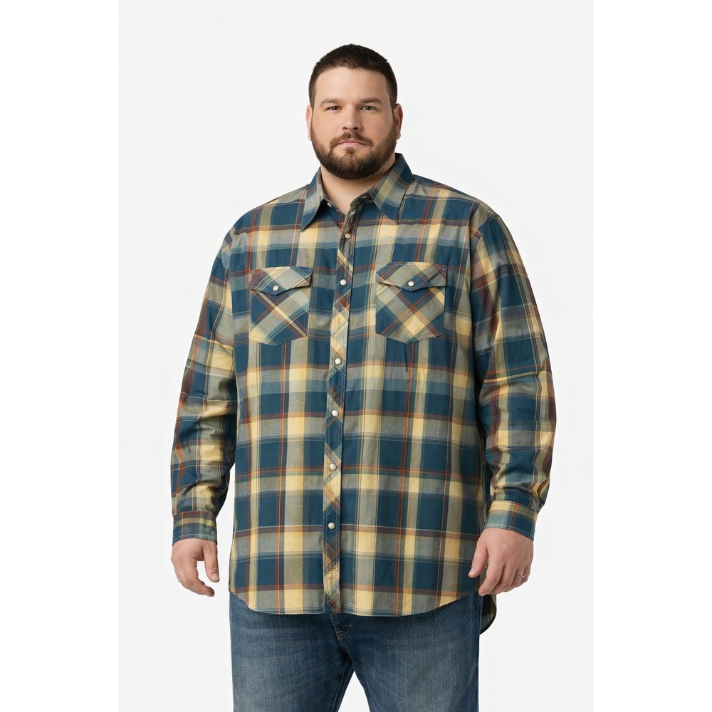 Ely Cattleman Mens 3XL Tall Western Pearl Snap Plaid Shirt Teal Gold 19.5 Neck